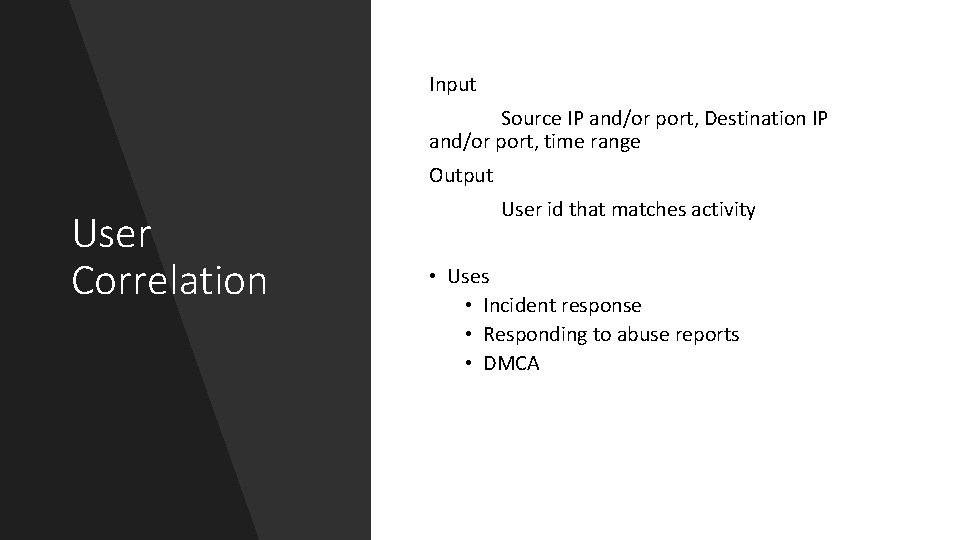 Input Source IP and/or port, Destination IP and/or port, time range Output User Correlation