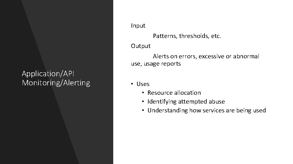 Input Patterns, thresholds, etc. Output Alerts on errors, excessive or abnormal use, usage reports
