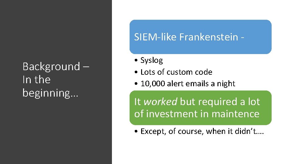 SIEM-like Frankenstein - Background – In the beginning… • Syslog • Lots of custom