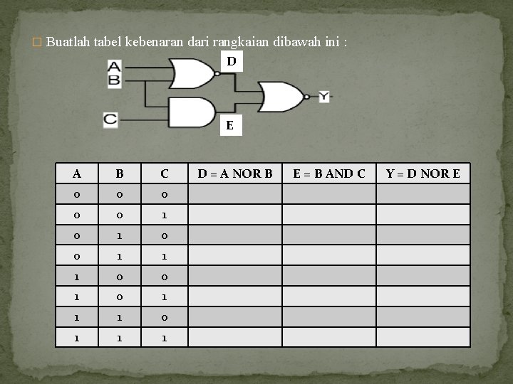 � Buatlah tabel kebenaran dari rangkaian dibawah ini : D E A B C