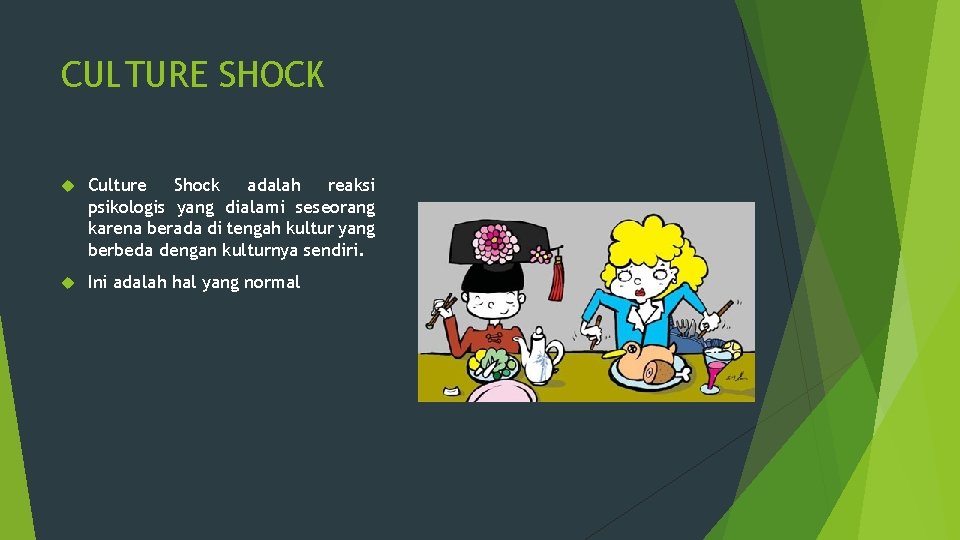 CULTURE SHOCK Culture Shock adalah reaksi psikologis yang dialami seseorang karena berada di tengah