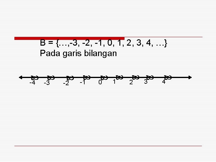 B = {…, -3, -2, -1, 0, 1, 2, 3, 4, …} Pada garis