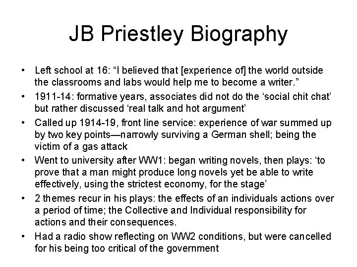 An Inspector Calls Context JB Priestley 1894 1984