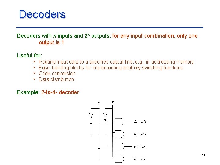 Decoders with n inputs and 2 n outputs: for any input combination, only one