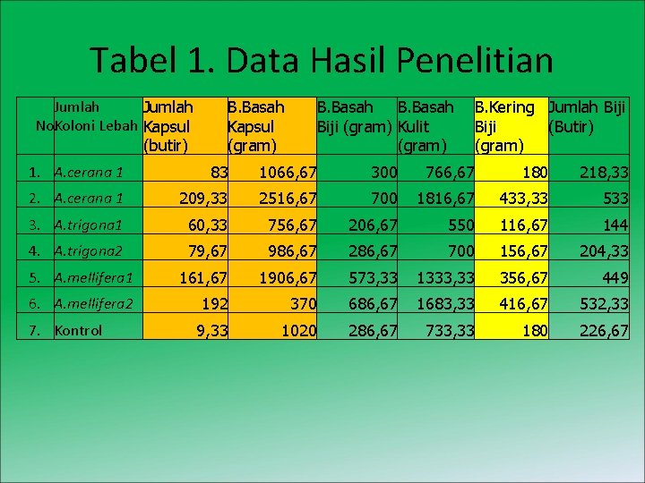Tabel 1. Data Hasil Penelitian Jumlah No. Koloni Lebah Kapsul (butir) B. Basah Kapsul