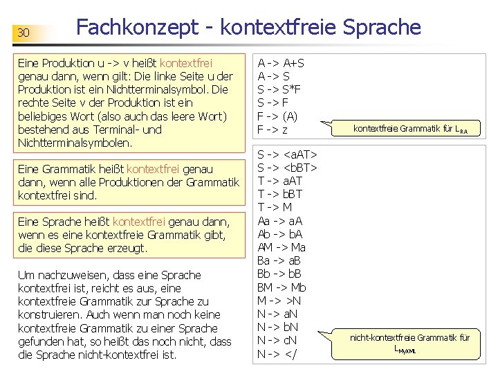 30 Fachkonzept - kontextfreie Sprache Eine Produktion u -> v heißt kontextfrei genau dann,