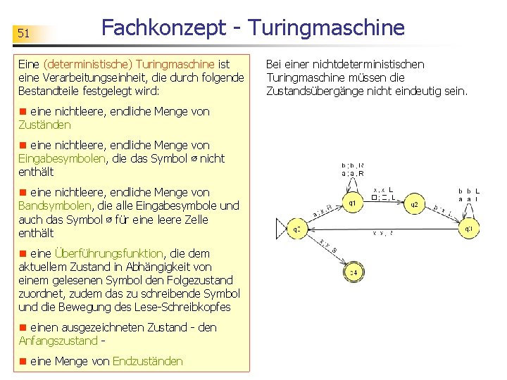 51 Fachkonzept - Turingmaschine Eine (deterministische) Turingmaschine ist eine Verarbeitungseinheit, die durch folgende Bestandteile