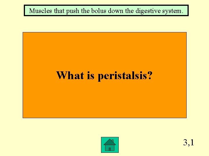 Muscles that push the bolus down the digestive system. What is peristalsis? 3, 1