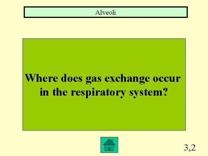 Alveoli Where does gas exchange occur in the respiratory system? 3, 2 