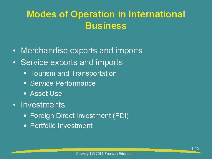Modes of Operation in International Business • Merchandise exports and imports • Service exports