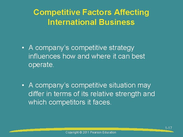 Competitive Factors Affecting International Business • A company’s competitive strategy influences how and where