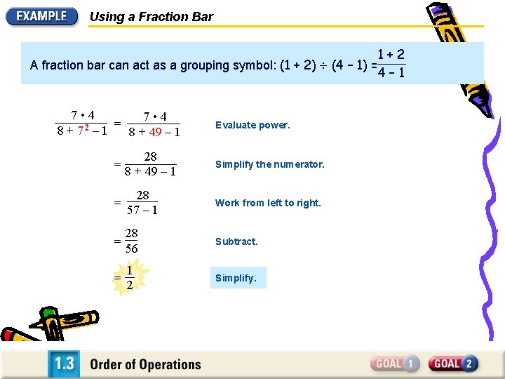 Using a Fraction Bar 1+2 A fraction bar can act as a grouping symbol: