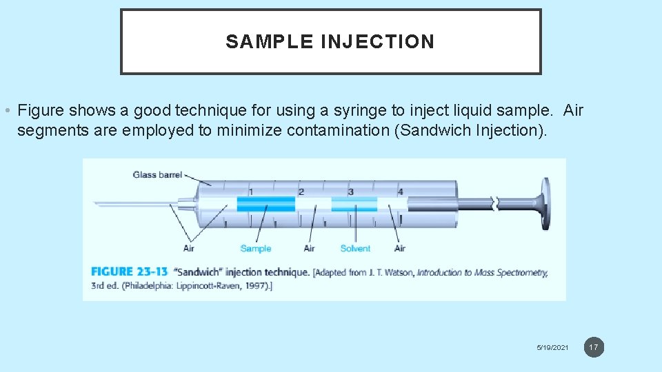 SAMPLE INJECTION • Figure shows a good technique for using a syringe to inject