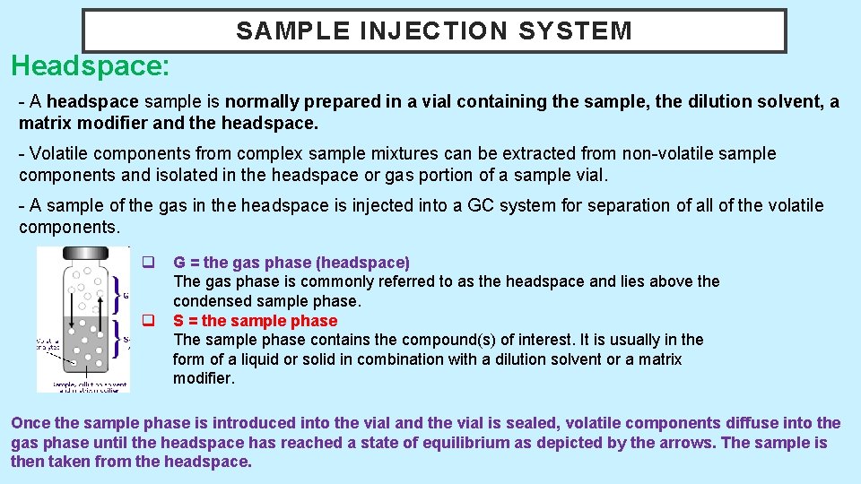 SAMPLE INJECTION SYSTEM Headspace: - A headspace sample is normally prepared in a vial