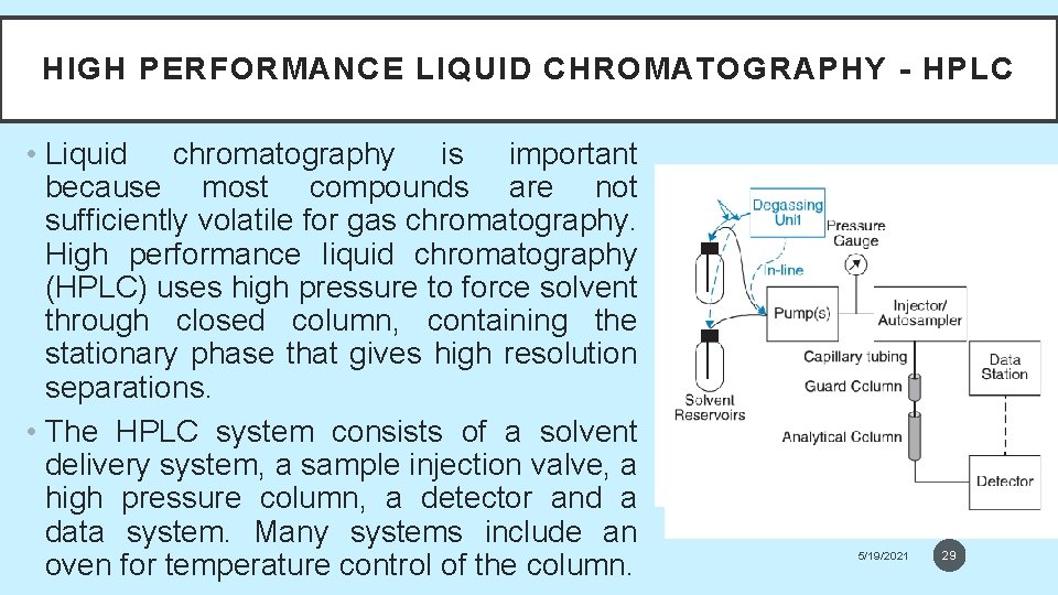 HIGH PERFORMANCE LIQUID CHROMATOGRAPHY - HPLC • Liquid chromatography is important because most compounds