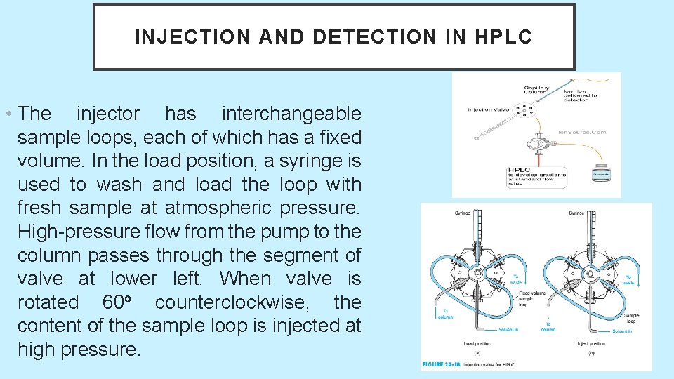 INJECTION AND DETECTION IN HPLC • The injector has interchangeable sample loops, each of