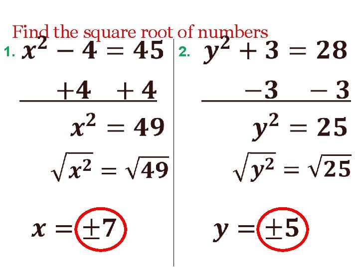 Find the square root of numbers 1. 2. 