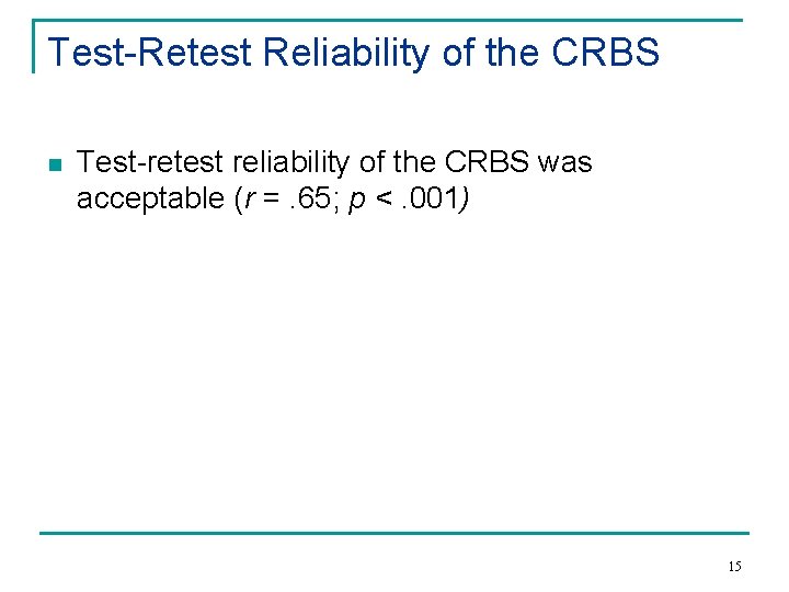 Test-Retest Reliability of the CRBS n Test-retest reliability of the CRBS was acceptable (r