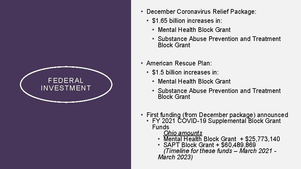  • December Coronavirus Relief Package: • $1. 65 billion increases in: • Mental