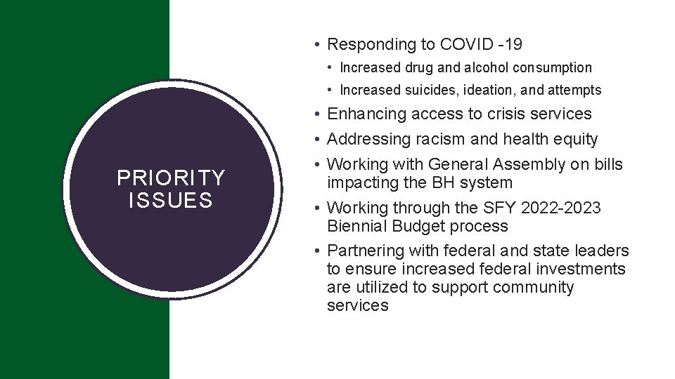  • Responding to COVID -19 • Increased drug and alcohol consumption • Increased