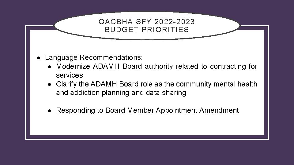 OACBHA SFY 2022 -2023 BUDGET PRIORITIES Language Recommendations: Modernize ADAMH Board authority related to