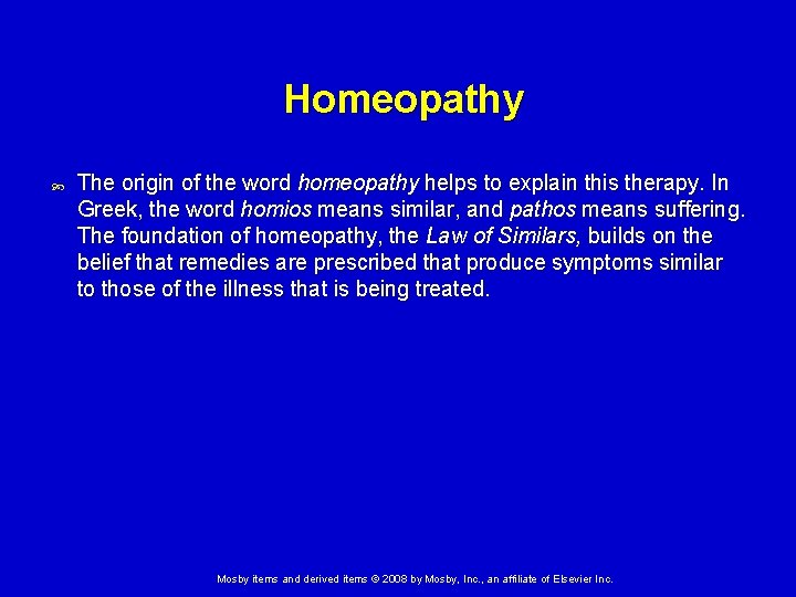 Homeopathy The origin of the word homeopathy helps to explain this therapy. In Greek,