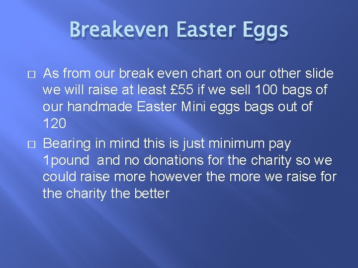 Breakeven Easter Eggs � � As from our break even chart on our other