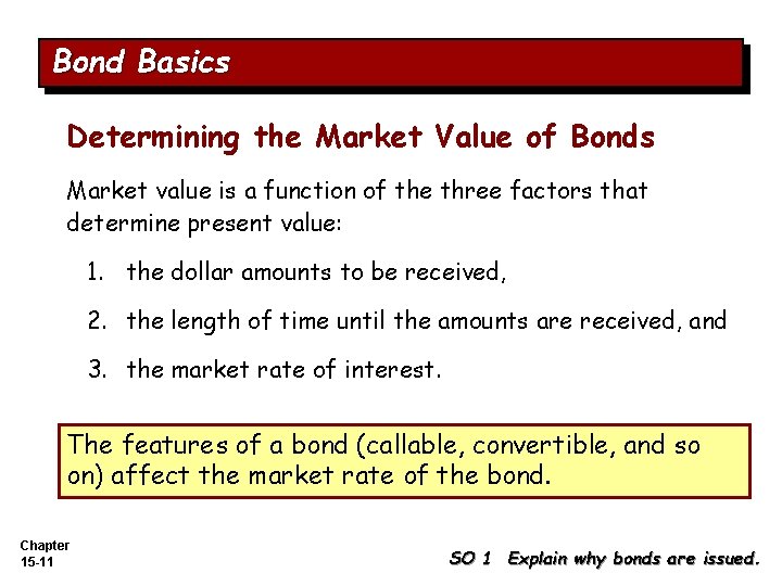 Bond Basics Determining the Market Value of Bonds Market value is a function of