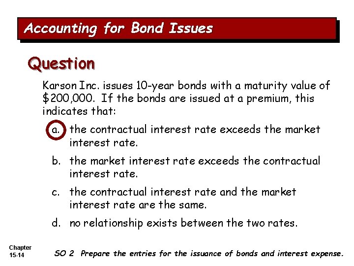 Accounting for Bond Issues Question Karson Inc. issues 10 -year bonds with a maturity