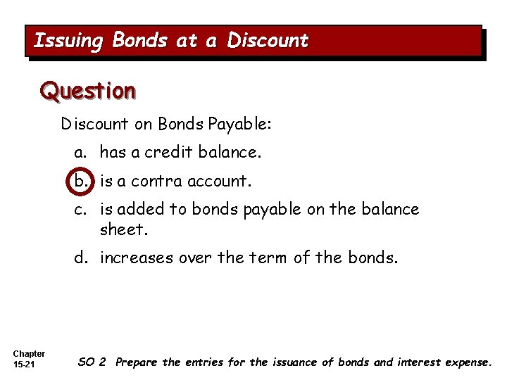 Issuing Bonds at a Discount Question Discount on Bonds Payable: a. has a credit