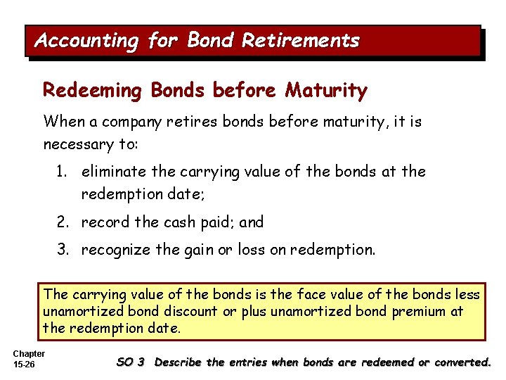 Accounting for Bond Retirements Redeeming Bonds before Maturity When a company retires bonds before