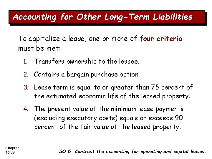 Accounting for Other Long-Term Liabilities To capitalize a lease, one or more of four