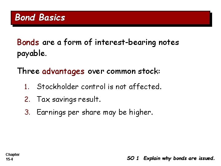 Bond Basics Bonds are a form of interest-bearing notes payable. Three advantages over common