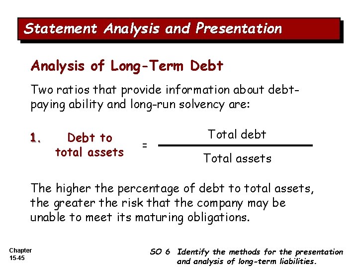 Statement Analysis and Presentation Analysis of Long-Term Debt Two ratios that provide information about