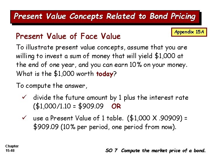 Present Value Concepts Related to Bond Pricing Present Value of Face Value Appendix 15