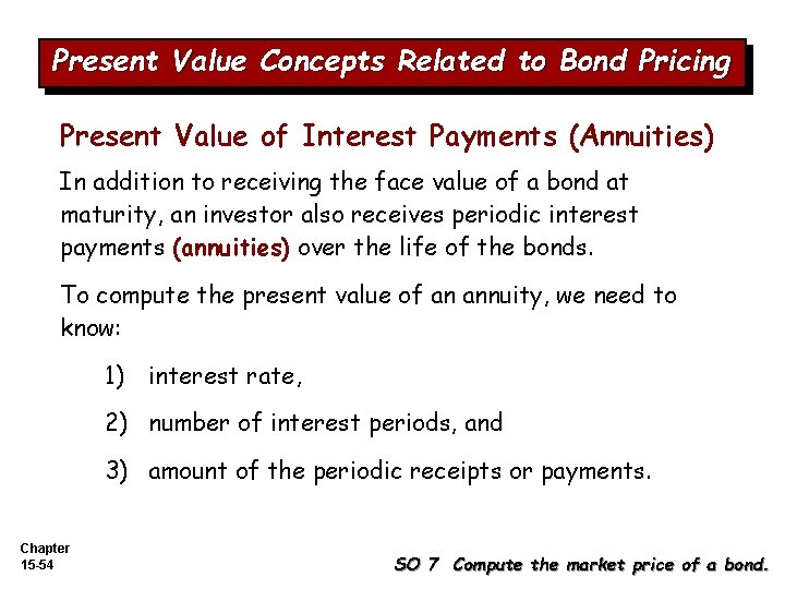 Present Value Concepts Related to Bond Pricing Present Value of Interest Payments (Annuities) In