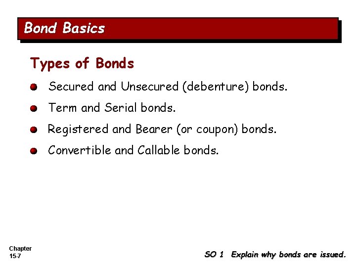 Bond Basics Types of Bonds Secured and Unsecured (debenture) bonds. Term and Serial bonds.