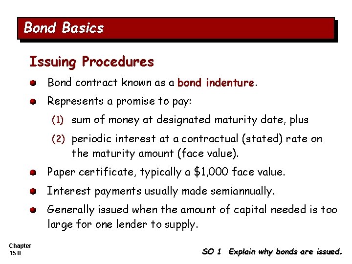 Bond Basics Issuing Procedures Bond contract known as a bond indenture. Represents a promise