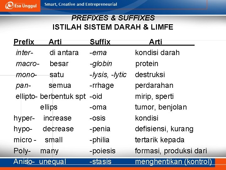 PREFIXES & SUFFIXES ISTILAH SISTEM DARAH & LIMFE Prefix Arti interdi antara macro- besar