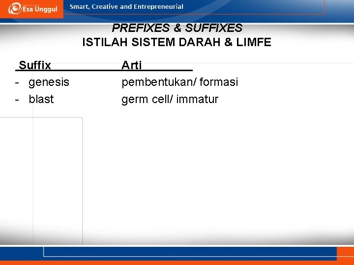 PREFIXES & SUFFIXES ISTILAH SISTEM DARAH & LIMFE Suffix - genesis - blast Arti