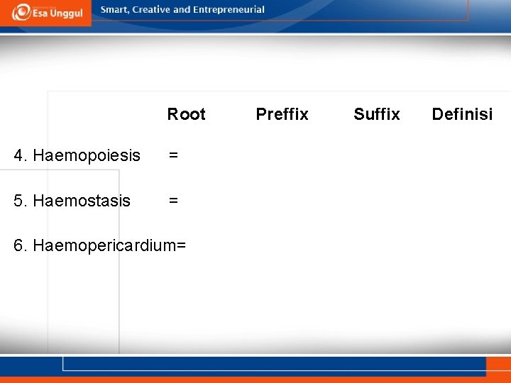 Root 4. Haemopoiesis = 5. Haemostasis = 6. Haemopericardium== Preffix Suffix Definisi 