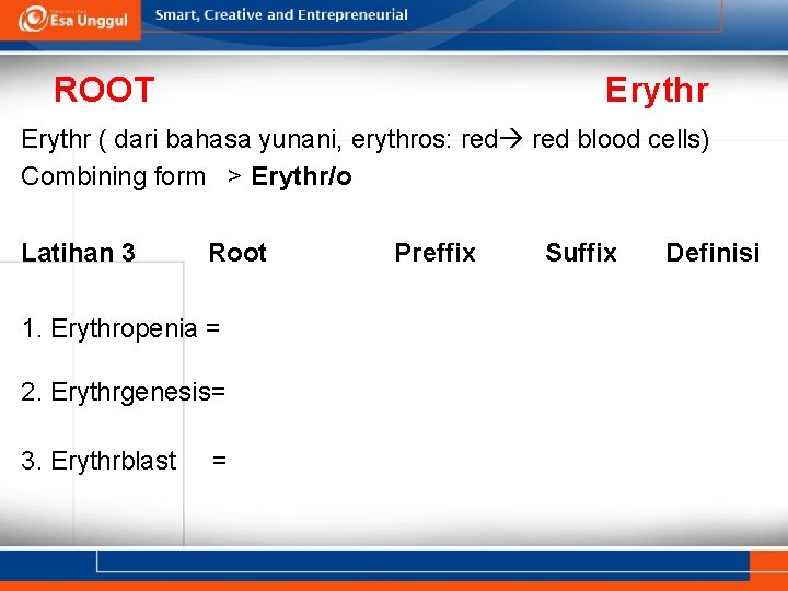 ROOT Erythr ( dari bahasa yunani, erythros: red blood cells) Combining form > Erythr/o