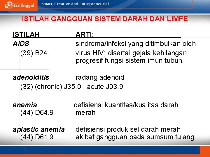 ISTILAH GANGGUAN SISTEM DARAH DAN LIMFE ISTILAH AIDS (39) B 24 ARTI: sindroma/infeksi yang