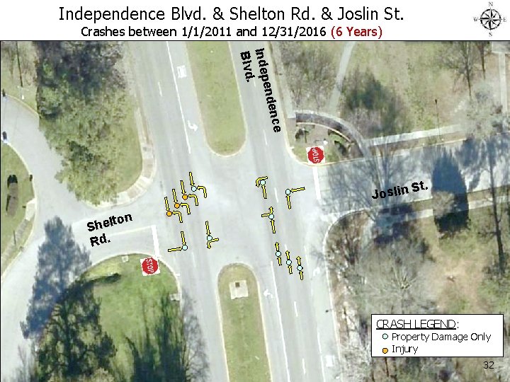 Independence Blvd. & Shelton Rd. & Joslin St. Crashes between 1/1/2011 and 12/31/2016 (6