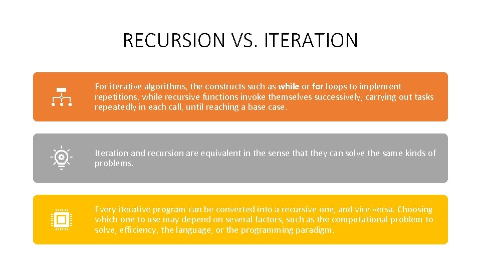 RECURSION VS. ITERATION For iterative algorithms, the constructs such as while or for loops