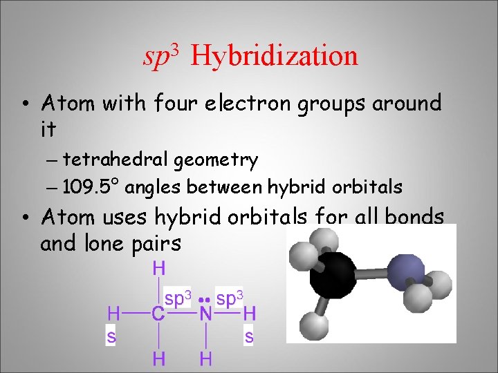 sp 3 Hybridization • Atom with four electron groups around it – tetrahedral geometry