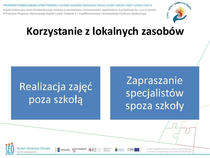 Korzystanie z lokalnych zasobów Realizacja zajęć poza szkołą Zapraszanie specjalistów spoza szkoły 