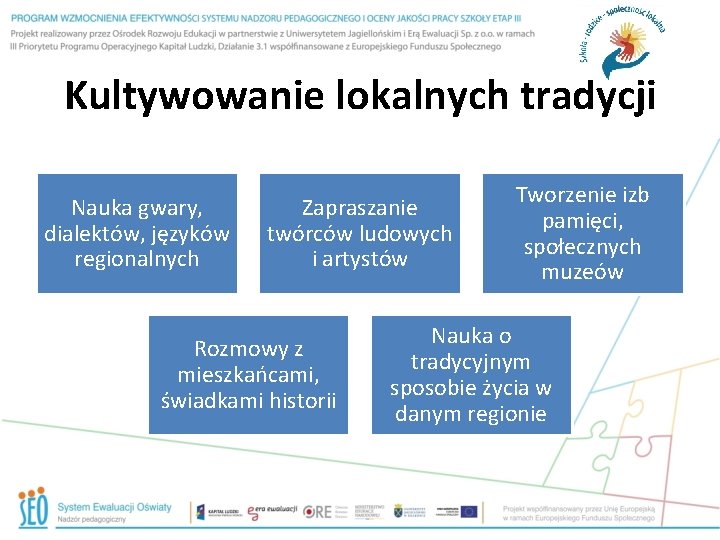 Kultywowanie lokalnych tradycji Nauka gwary, dialektów, języków regionalnych Zapraszanie twórców ludowych i artystów Rozmowy