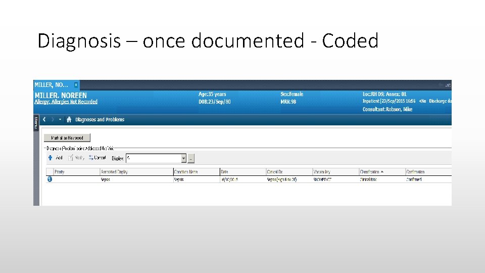 Diagnosis – once documented - Coded 