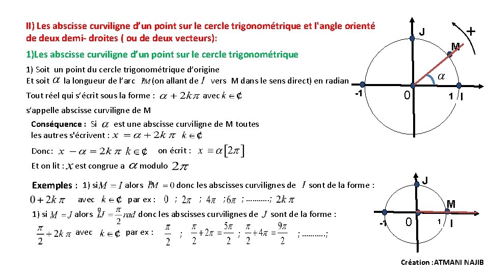 II) Les abscisse curviligne d’un point sur le cercle trigonométrique et l'angle orienté de